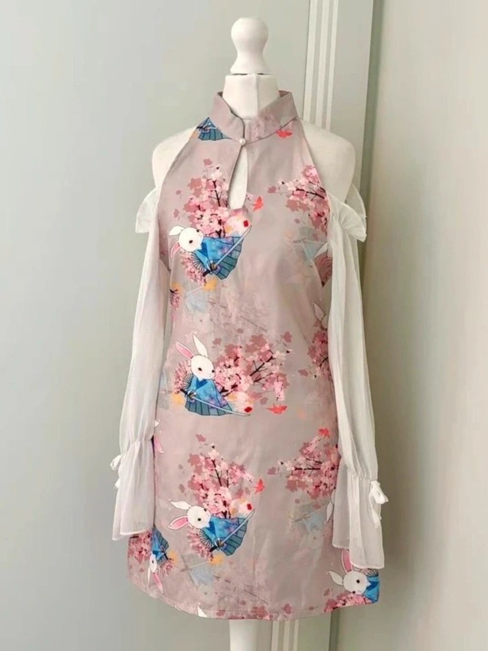 Blush Pink Floral & Rabbit Print Halter Maxi Dress with Sheer Sleeves